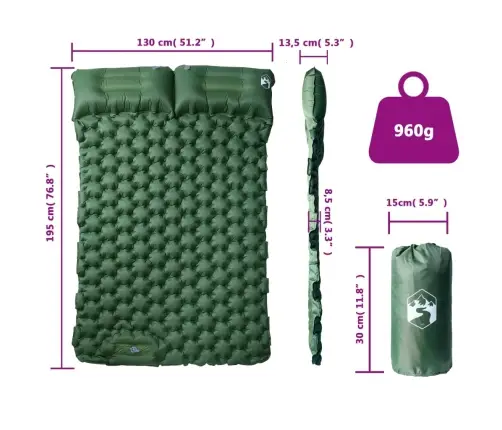 Pašpiepūšams Kempinga Matracis, Spilveni, Divvietīgs, Zaļš Vidaxl
