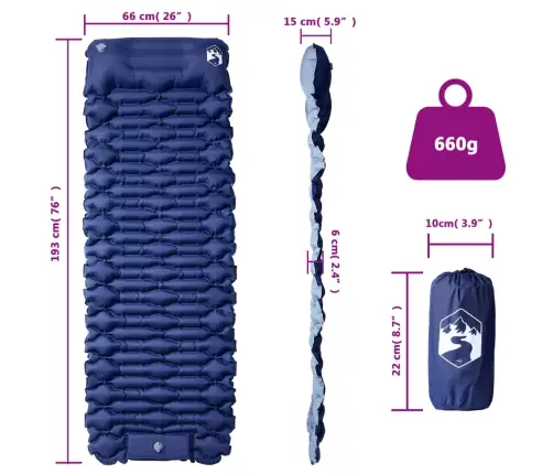 Pašpiepūšams Kempinga Matracis, Spilvens Vienvietīgs Tumši Zils Vidaxl