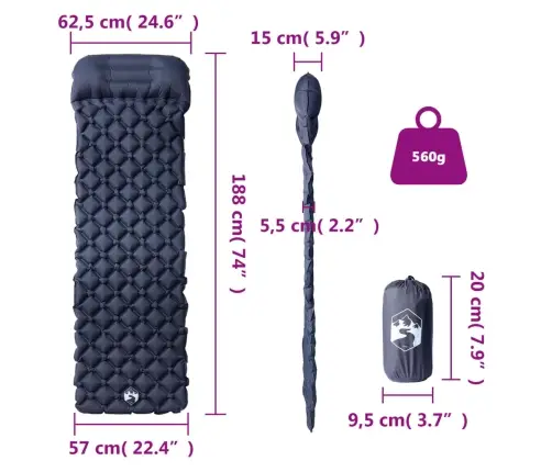 Täispumbatav Matkamadrats Padjaga, 1 Inimesele, Hall