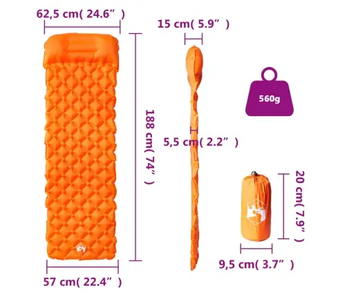 Täispumbatav Matkamadrats Padjaga, 1 Inimesele, Oranž