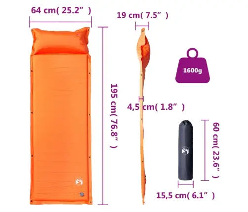 Pašpiepūšams Kempinga Matracis, Spilvens, Vienvietīgs, Oranžs Vidaxl