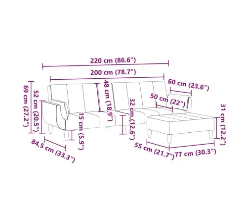 2-Vietīga Dīvāngulta Ar Kāju Balstu, Melns Audums Vidaxl