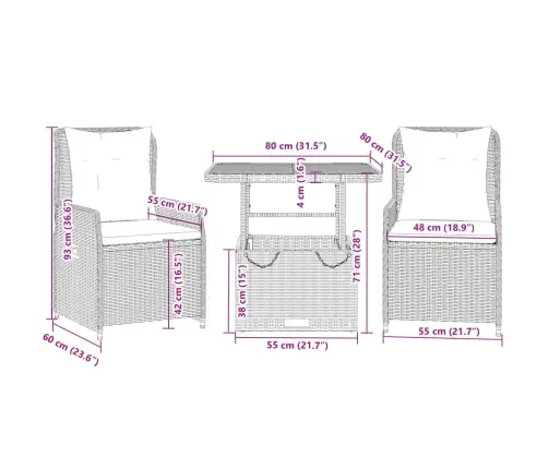 3-Daļīgs Bistro Mēbeļu Komplekts, Matrači,Pelēka Pe Rotangpalma Vidaxl