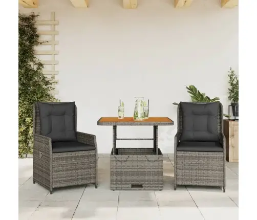 3-Daļīgs Bistro Mēbeļu Komplekts, Matrači,Pelēka Pe Rotangpalma Vidaxl