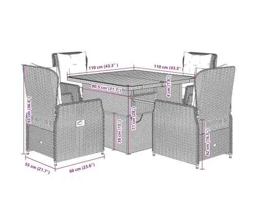 5-Daļīgs Dārza Mēbeļu Komplekts, Matrači, Pelēka Pe Rotangpalma Vidaxl