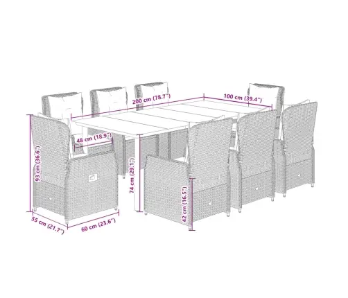 9-Daļīgs Dārza Mēbeļu Komplekts, Matrači, Melns, Pe Rotangpalma Vidaxl