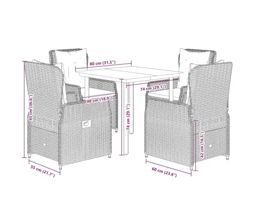 5-Osaline Aia Söögimööbli Komplekt Patjadega, Pruun, Polürotang
