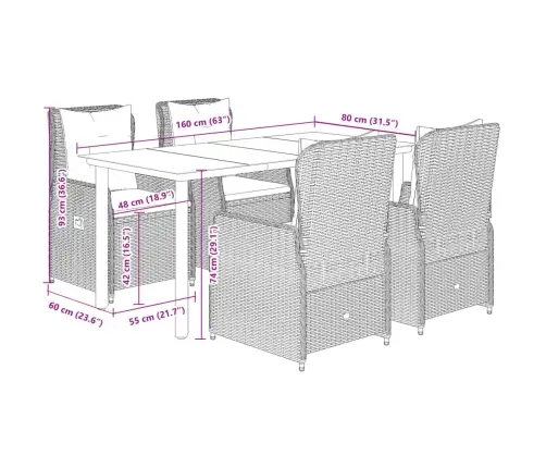 5-Daļīgs Dārza Mēbeļu Komplekts, Matrači, Pelēka Pe Rotangpalma Vidaxl