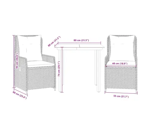 3-Daļīgs Dārza Mēbeļu Komplekts, Matrači, Bēša Pe Rotangpalma Vidaxl