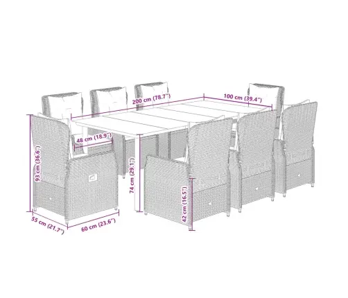 9-Osaline Aiamööbli Komplekt Patjadega, Helehall, Polürotang