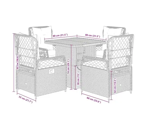 5-Daļīgs Dārza Mēbeļu Komplekts, Matrači, Melna Pe  Rotangpalma Vidaxl