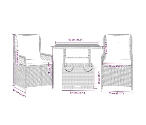 3-Daļīgs Dārza Mēbeļu Komplekts, Matrači, Pelēka Pe Rotangpalma Vidaxl