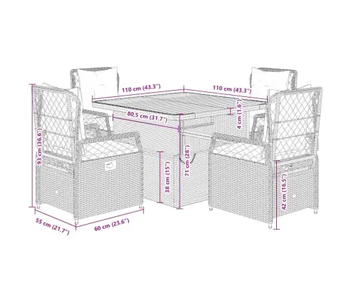 5-Daļīgs Dārza Mēbeļu Komplekts, Matrači, Pelēka Pe Rotangpalma Vidaxl