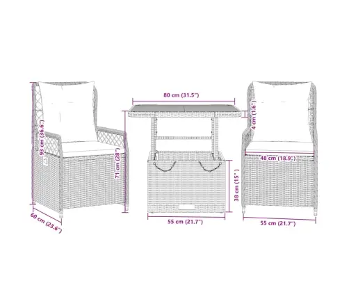 3-Daļīgs Dārza Mēbeļu Komplekts, Matrači, Bēša Pe Rotangpalma Vidaxl