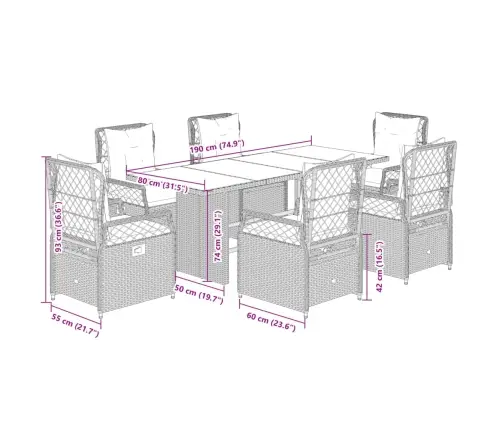 7-Daļīgs Dārza Mēbeļu Komplekts Ar Matračiem, Pe Rotangpalma Vidaxl