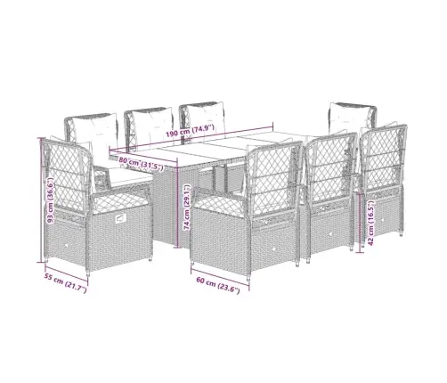 9-Osaline Aia Söögimööbli Komplekt Patjadega, Pruun, Polürotang