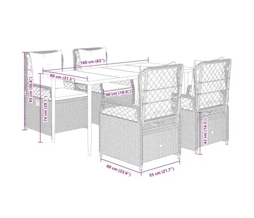 5-Daļīgs Dārza Mēbeļu Komplekts, Matrači, Melna Pe  Rotangpalma Vidaxl