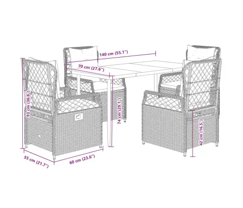 5-Osaline Aia Söögimööbli Komplekt Patjadega, Pruun, Polürotang