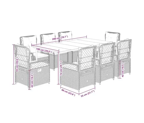 9-Daļīgs Dārza Mēbeļu Komplekts, Matrači, Brūna Pe Rotangpalma Vidaxl