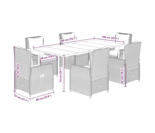 7-Daļīgs Dārza Mēbeļu Komplekts, Matrači, Pelēka Pe Rotangpalma Vidaxl