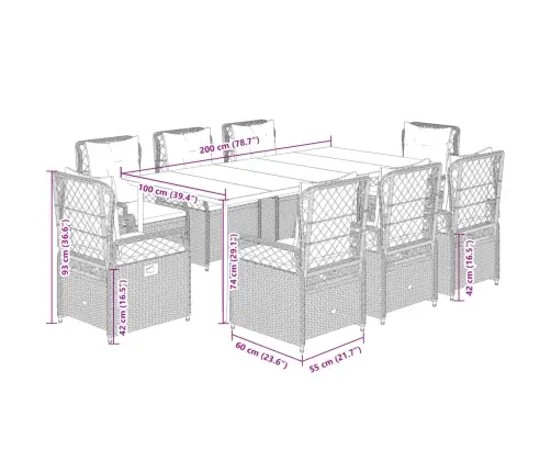 9-Osaline Aiamööbli Komplekt Patjadega, Hall, Polürotang