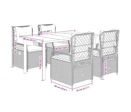 5-Daļīgs Dārza Mēbeļu Komplekts, Matrači, Pelēka Pe Rotangpalma Vidaxl