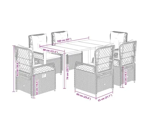7-Daļīgs Dārza Mēbeļu Komplekts, Matrači, Pelēka Pe Rotangpalma Vidaxl