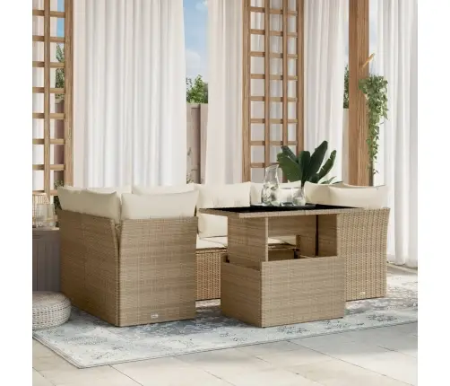 7-Daļīgs Dārza Dīvāna Komplekts, Matrači, Bēša Pe Rotangpalma Vidaxl