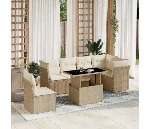 7-Daļīgs Dārza Dīvāna Komplekts, Matrači, Bēša Pe Rotangpalma Vidaxl