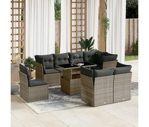 9-Daļīgs Dārza Dīvāna Komplekts Ar Matračiem, Pelēks Pe Pinums Vidaxl