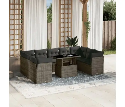 10-Daļīgs Dārza Dīvāna Komplekts Ar Matračiem, Pelēks Pe Pinums Vidaxl