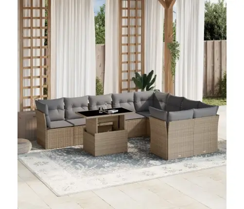 10-Daļīgs Dārza Dīvāna Komplekts, Matrači, Bēša Pe Rotangpalma Vidaxl