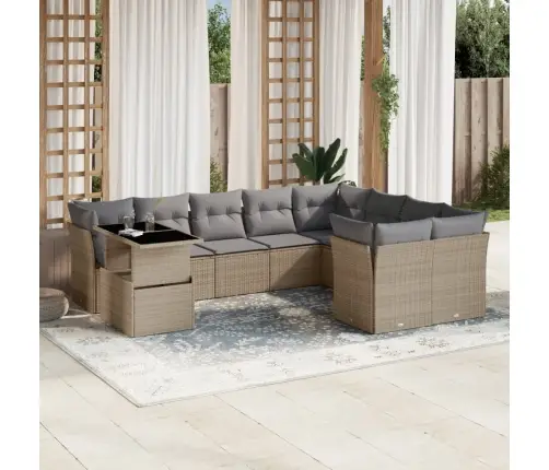 10-Daļīgs Dārza Dīvāna Komplekts, Matrači, Bēša Pe Rotangpalma Vidaxl