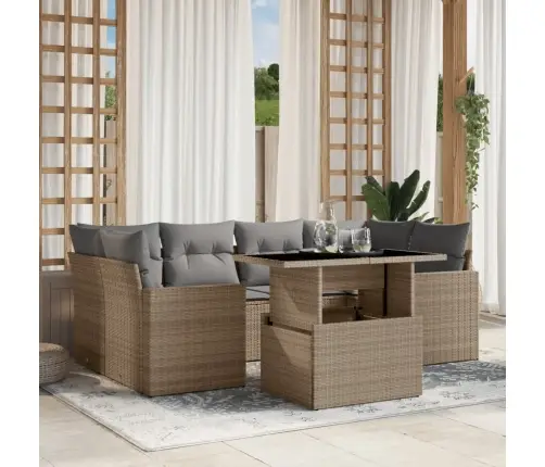 7-Daļīgs Dārza Dīvāna Komplekts, Matrači, Bēša Pe Rotangpalma Vidaxl