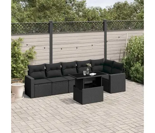 Sofos Komplektas Su Pagalvėlėmis, 7 Dalių, Juodas, Poliratanas