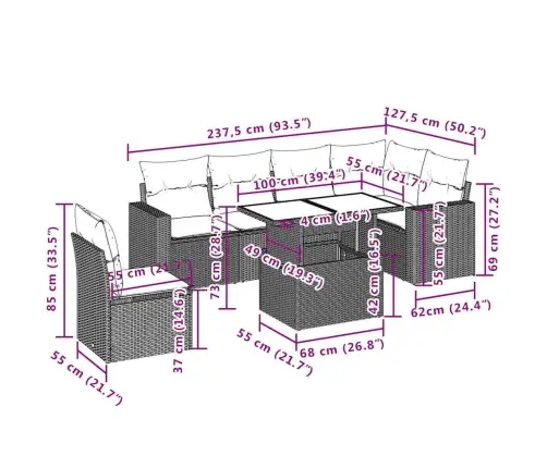 7-Daļīgs Dārza Dīvāna Komplekts, Matrači, Bēša Pe Rotangpalma Vidaxl