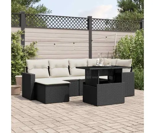 Sofos Komplektas Su Pagalvėlėmis, 7 Dalių, Juodas, Poliratanas