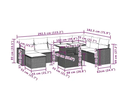 9-Daļīgs Dārza Dīvāna Komplekts, Matrači, Melna Pe Rotangpalma Vidaxl