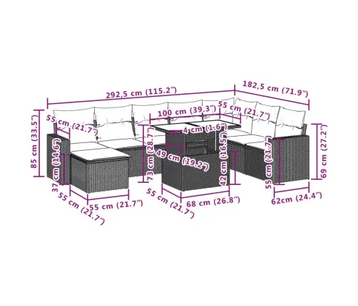 9-Daļīgs Dārza Dīvāna Komplekts, Matrači, Brūna Pe Rotangpalma Vidaxl