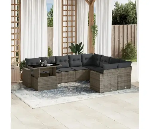 10-Daļīgs Dārza Dīvāna Komplekts Ar Matračiem, Pelēks Pe Pinums Vidaxl