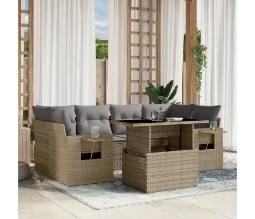 Sofos Komplektas Su Pagalvėlėmis, 7 Dalių, Smėlio, Poliratanas