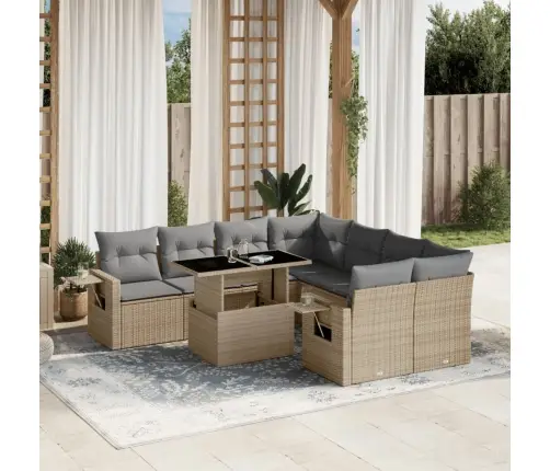 9-Daļīgs Dārza Dīvānu Komplekts, Matrači, Bēša Pe Rotangpalma Vidaxl