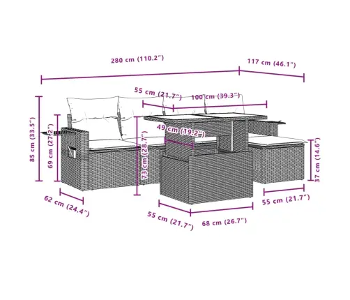 6-Daļīgs Dārza Dīvānu Komplekts, Matrači, Brūna Pe Rotangpalma Vidaxl
