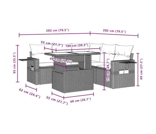 6-Osaline Aiamööblikomplekt Patjadega, Pruun, Polürotang