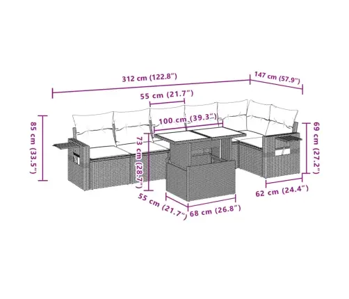 7-Daļīgs Dārza Dīvāna Komplekts, Matrači, Pelēka Pe Rotangpalma Vidaxl