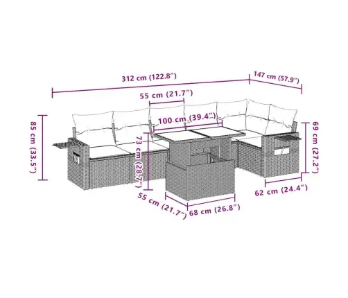 7-Daļīgs Dārza Dīvāna Komplekts,Matrači, Gaiši Pelēka Pe Pinums Vidaxl
