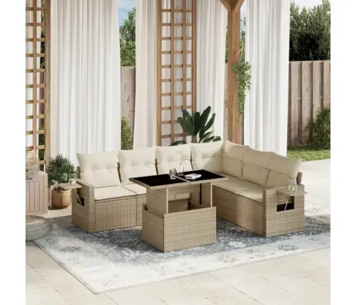 Sofos Komplektas Su Pagalvėlėmis, 7 Dalių, Smėlio, Poliratanas