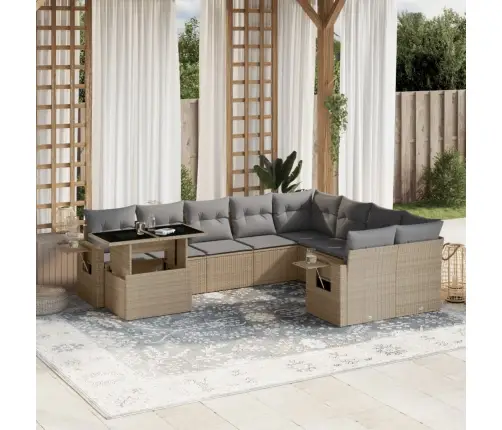 10-Daļīgs Dārza Dīvāna Komplekts, Matrači, Bēša Pe Rotangpalma Vidaxl