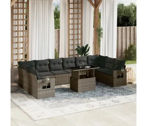 11-Daļīgs Dārza Dīvāna Komplekts Ar Matračiem, Pelēks Pe Pinums Vidaxl