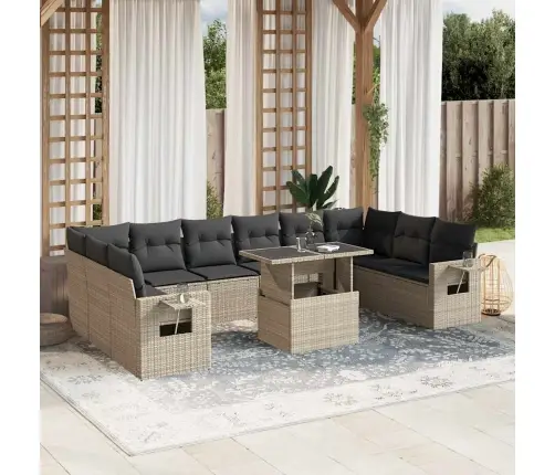 11-Daļīgs Dārza Dīvāna Komplekts Ar Matračiem, Pelēka Pe Pinums Vidaxl